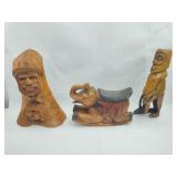 3 Folk Art Wood Carvings, Bust &