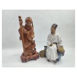Pair Chinese Figures: Wood & Ceramic