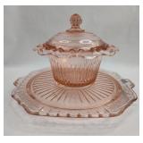 Pair Pink Glass Sugar Bowl & Cake Plate