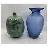 Pair Vases: Celadon & Art Glass