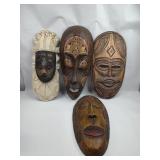 Set 4 Hand-Carved Wood Wall Masks