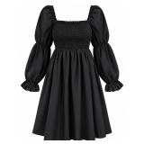 Black Smocked Square Neck Puff Sleeve A-Line Dress