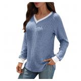 L -  Women's Ribbed Knit Tops, Pullover Loose V