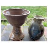 2 HANDMADE STONEWARE POTTERY 1 is Signed.