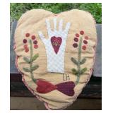 1900ï¿½s  REAL FOLK ART HEART IN HAND PILLOW 9x12'