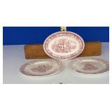 3 VINTAGE RED TRANSFERWARE PLATES / Ships