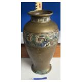 Vintage Asian brass vase cloisonné-style enamel
