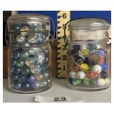 2 VINTAGE GLASS CLAMP LID JARS WITH MARBLES