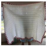 Hand-Crocheted White Afghan Red Scalloped Border