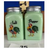 JADEITE GLASS AND SALT AND PEPPER SET ROOSTERS