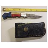 damascus locking blade pocket knife w/sheath