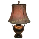 pottery lamp w/ bronze base and top with silk shae