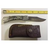 damascus lock blade pocket knife w/sheath