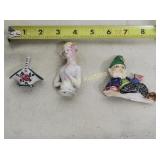 vtg porcelain doll pin cushions, basket lot of 3