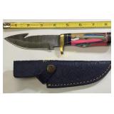 damascus hunting knife w/leather sheath