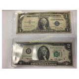 silver cert 1935 $1 bill & bicentennial 2$ bill