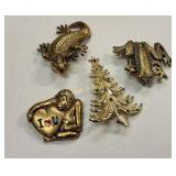 brooch pin lot of 4 pcs iguana, frog, monkey & tre
