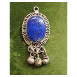 vtg silver lapis lazuli pendant w/drop bells