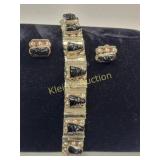 vtg taxco sterling & onyx panel bracelet & earring