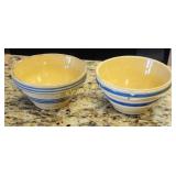 pair of vtg yellow ware stoneware blue striped bos