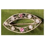 antique Victorian brooch clear & raspberry rhinest