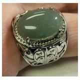 vtg silver tone w/light green jadeite cabochon