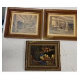 vintage & antique art lot of 3 lithos & original