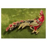 gold tone enameled peacock pheasant brooch nice!