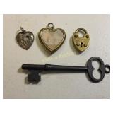estate jewelry sterling heart, gold tone locket, y