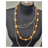 necklaces estate lot of 2 carved wood & faux pearl