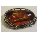 antique sterling & genuine Baltic amber brooch pin