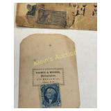 pair of antique stamps one on postcard 1862, bank