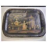 antique 1800's tin toleware tray hand cut & decora
