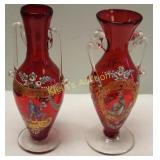 venetian ruby glass hand painted vases pair 5 "