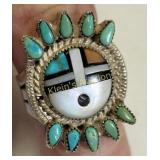 navaho zuni sterling turquoise, coral, onyx Ring