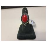 red coral german silver ring