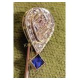 18K stick pin w/ European cut diamond & sapphires