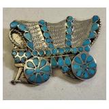 zuni covered wagon sterling & turquoise brooch