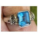 sterling silver blue CZ & marcasite ring sz 9