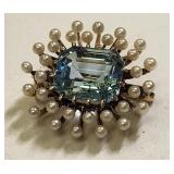 art deco 14K sunburst aquamarine / Pearl brooch
