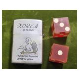 rare korea zippo style lighter & vegas hotel dice