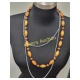 lot of 2 carved wood & faux pearl necklaces