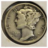1939 silver mercury dime u.s. coin XF