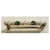 Victorian bar brooch 14K demantoid  & pearls
