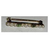 Victorian 14K gold & demantoid garnet & pearls bro