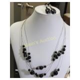 triple strand floating black bead necklace & earri