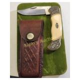 folding lock blade pocket knife w/leather sheath