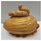 Squirrel on nest acorn caramel slag glass le smit