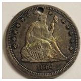 rare 1864 seated liberty quarter! AU-++ no motto