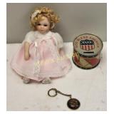 vtg porcelain doll, tin drum toy bank & 1965 world